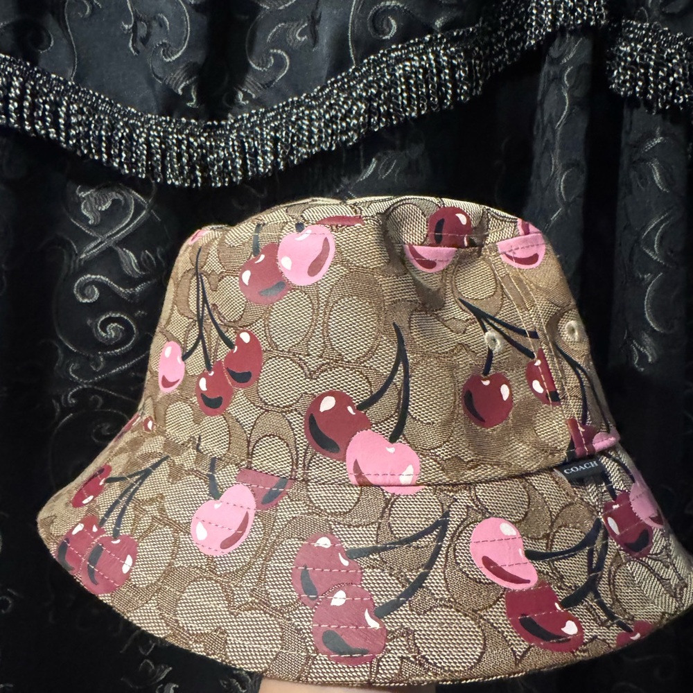 Coach Heart Cherries Print Bucket Hat in Brown and Pink